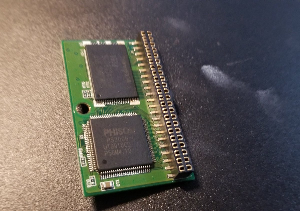 The device plugged into it was this IDE DOM. It's a PS30M512MA10SC1.I couldn't find any info on that name, but I can guess from the "512M" in the middle of the name that it's a half-gigabyte module.
