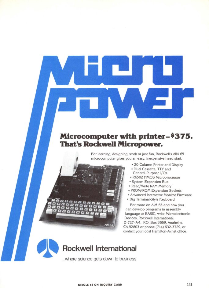 here's a 1978 Rockwell ad for the AIM-65 computer. $1500 in today's dollars.