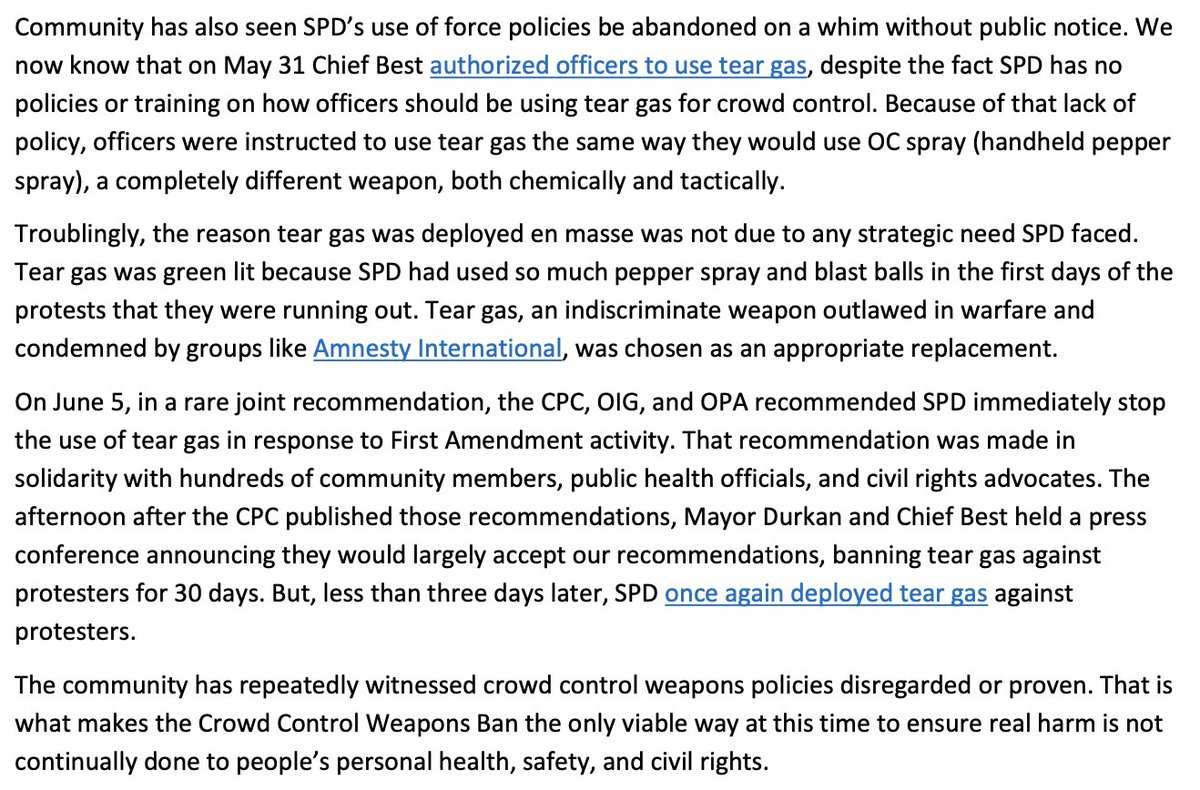 CPC goes the furthest, pointing to SPD’s flaunting of the city ban on tear gas and their choice to use such a harmful, indiscriminate substance without “any strategic need” as evidence that a broad-brush prohibition on crowd control weapons remains necessary. (3/12)