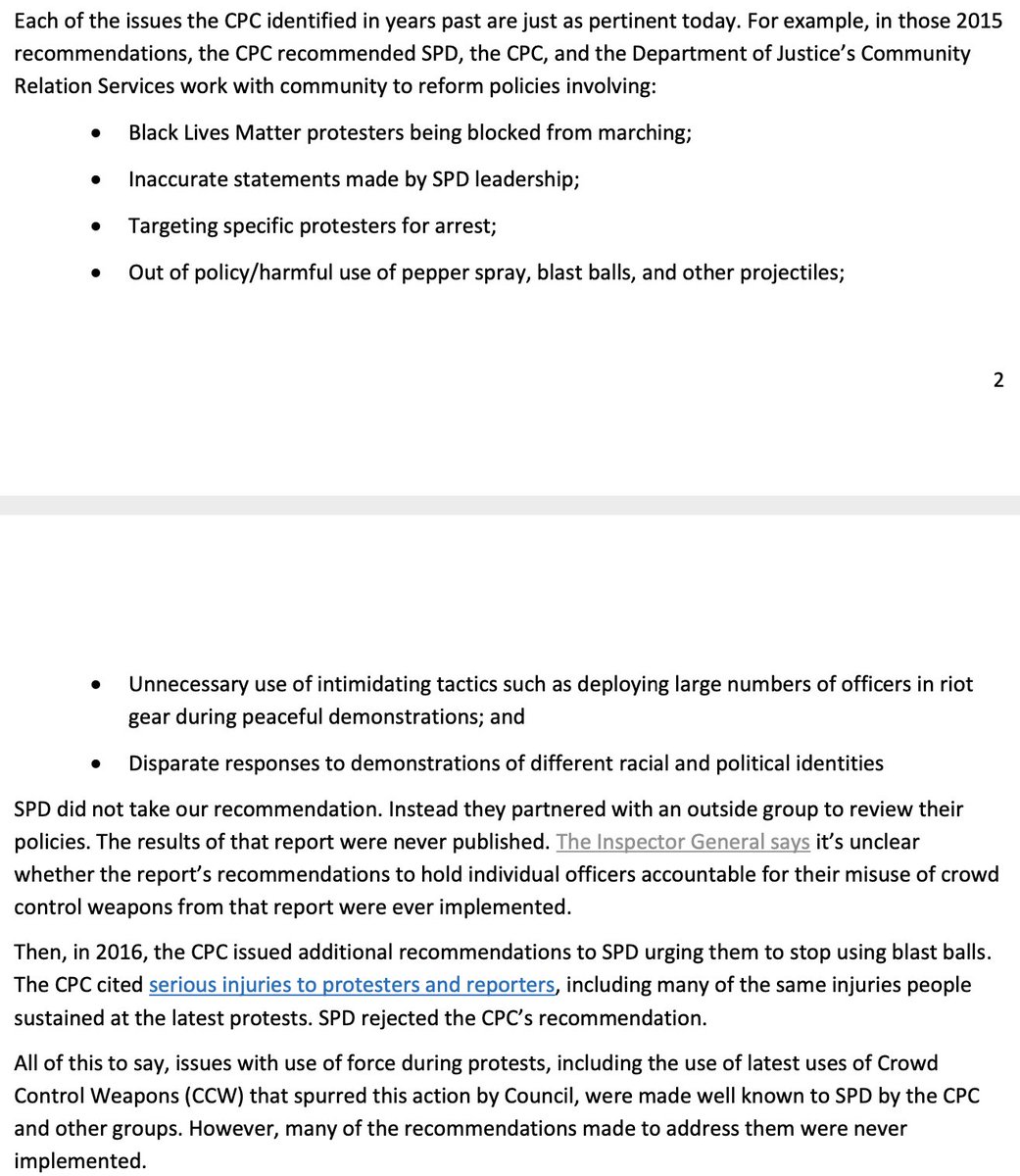 Lastly, CPC points out that SPD has ignored many past recommendations regarding crowd control policies and tactics, which undermines the credibility of Seattle’s police accountability system. Without real accountability, it is fair to say the system is broken. (10/12)