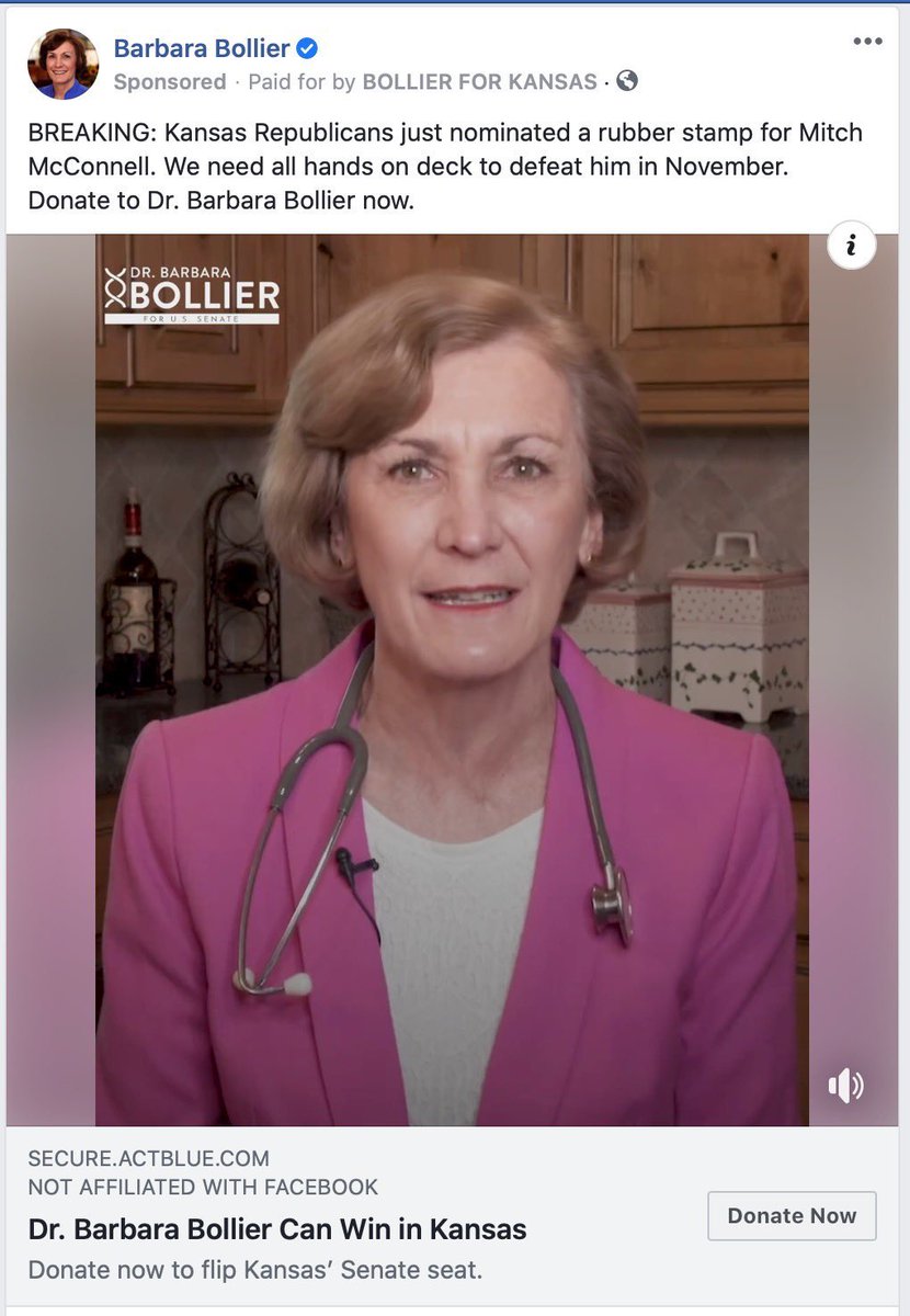 Kansans have a choice between practicing physician <a href="/RogerMarshallMD/">Dr. Roger Marshall</a> who suspended his campaign to treat #COVID19 patients or <a href="/BarbaraBollier/">Dr. Barbara Bollier</a> who spent her time fundraising out of state and shooting campaign videos wearing a stethoscope in her kitchen. #kssen #ksleg