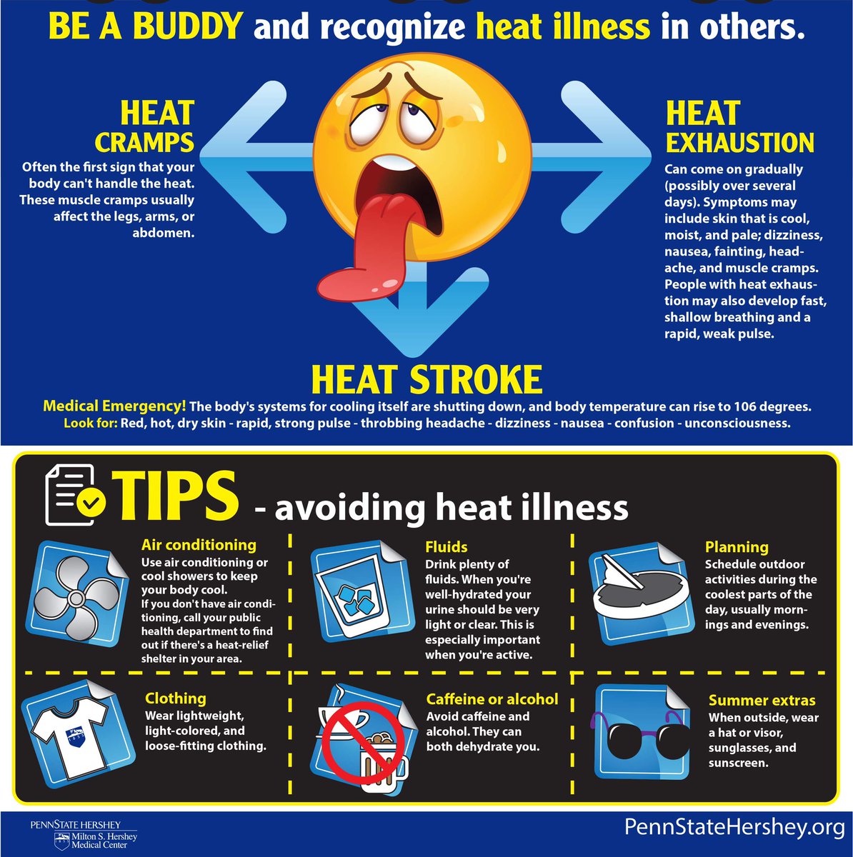 Piercefire14's tweet photo. Temperatures are expected to reach almost 100* this weekend. Please stay healthy and hydrated by following the tips below!

Remember, HEAT STROKE is a life threatening emergency. Call 911 if anyone exhibits these symptoms! https://t.co/XRhSeNndXp