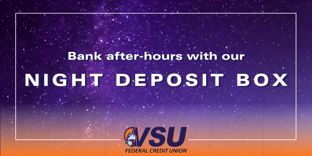 vstatefcu's tweet image. Our new #NightDepositBox is the next #BigMove in innovative #Banking! 🙌 It's located right beside our ATM and will be checked periodically throughout the day. 🌙  If you're in line at the drive-thru and don't have time to wait, just drop it off before we close! 👍 

#VSUFCU #DMV