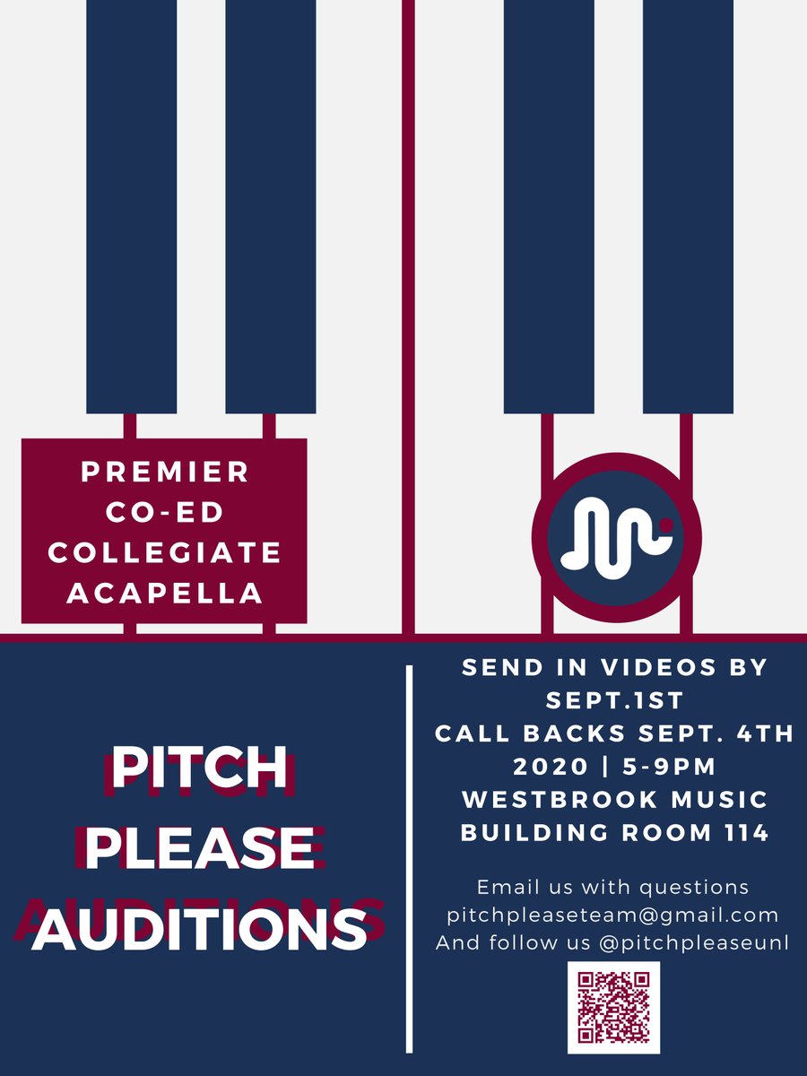 AUDITION FOR PITCH PLEASE! 

Visit our website audition tab to see more info or scan the QR code on our posters! Video submissions are due Sept 1st! All voice parts and beatboxers welcome! We can’t wait to hear you! 

pitchpleaseunl.com