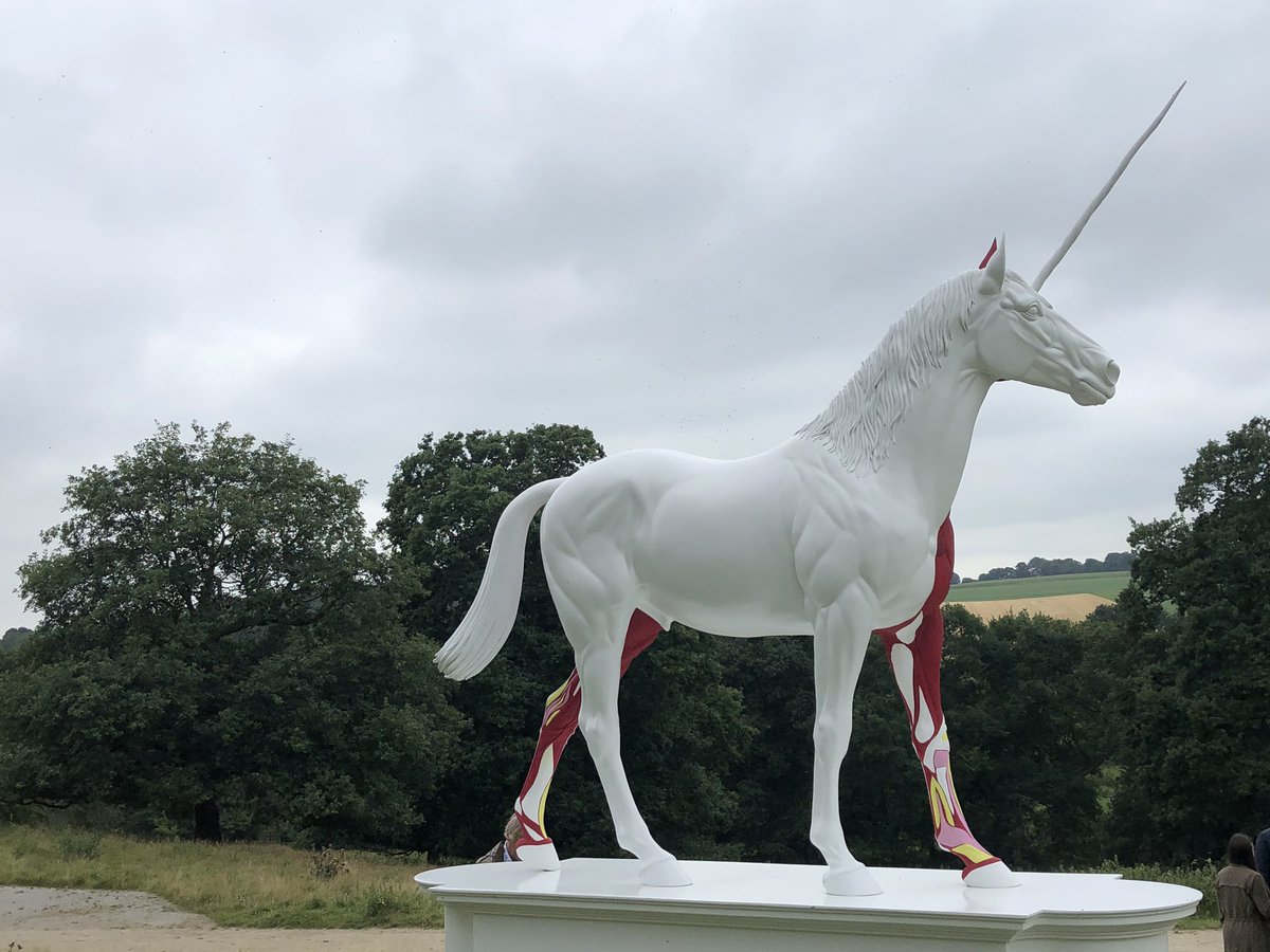 Damien Hirst's Myth, which is an already mundane looking unicorn with half the skin "off", apparently meant to demonstrate a sort of coporeality behind the fantastical but feel flat for me given how uninspiring the skin-on side is, & skin off side just not quite visceral enough.