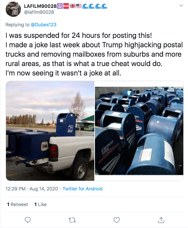 Boxes 2 & 3  These two photos did not attain the reach that Box 1 did. They were very easy to find with a reverse photo search using  @TinEye. TinEye found them in 2016 and 2009 respectively. They were also used on the Word Press site 'Save the Post Office' 01/02015