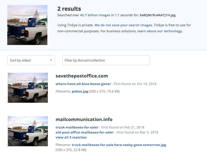 Boxes 2 & 3  These two photos did not attain the reach that Box 1 did. They were very easy to find with a reverse photo search using  @TinEye. TinEye found them in 2016 and 2009 respectively. They were also used on the Word Press site 'Save the Post Office' 01/02015