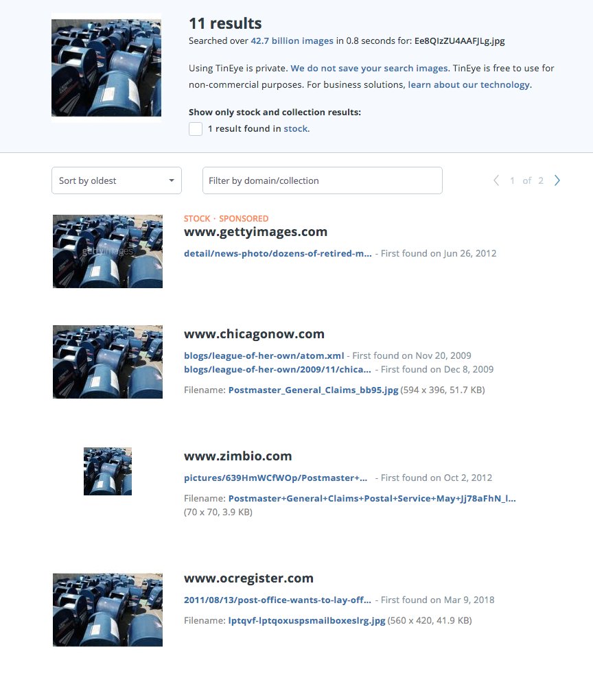 Boxes 2 & 3  These two photos did not attain the reach that Box 1 did. They were very easy to find with a reverse photo search using  @TinEye. TinEye found them in 2016 and 2009 respectively. They were also used on the Word Press site 'Save the Post Office' 01/02015