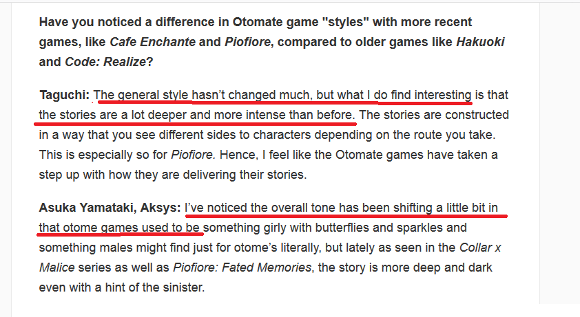 This needs to be spliced and diced: As far as western localizations, these comments juxtapose each other. We've had somewhere over 20 otome games in total localized since the PSP era, all tied together by the supernatural, deep and dark elements as common denominators.