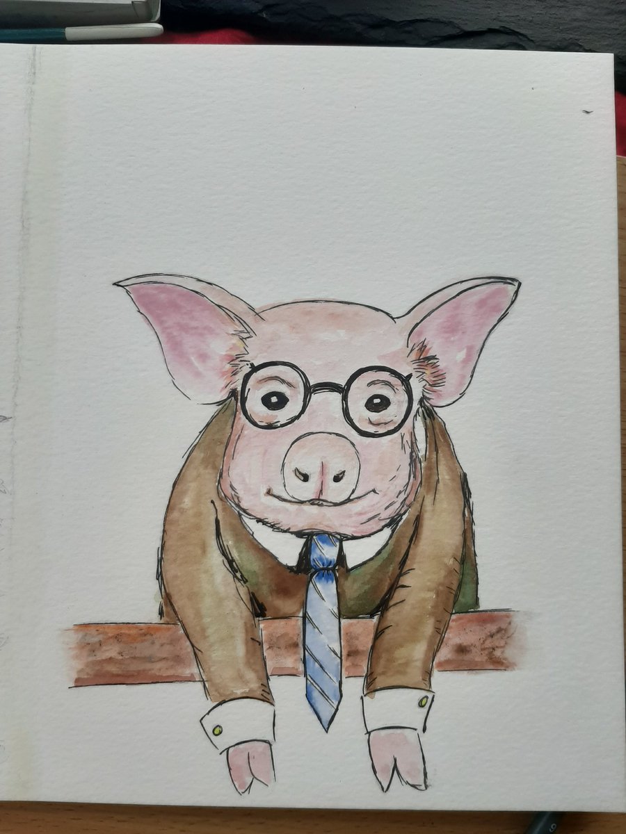 Professor Pig, a doodle I decided to upscale into a finished piece. @winsorandnewton Watercolour and ink piece finished.
 #watercolor #business #pig #piglets #art #news #watercolour #artist #ArtistOnTwitter #tie #farmer #animalfarm pic.x.com/a1IvdSfMns