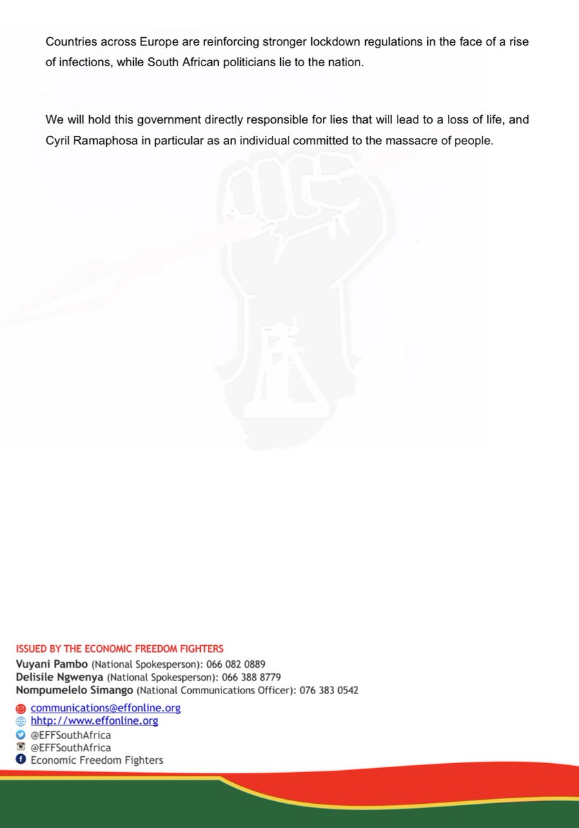 EFFSouthAfrica's tweet photo. EFF Statement on Relaxation of Lockdown Regulations https://t.co/ZnRrdTXxYz