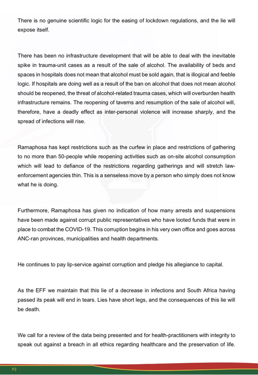 EFFSouthAfrica's tweet photo. EFF Statement on Relaxation of Lockdown Regulations https://t.co/ZnRrdTXxYz