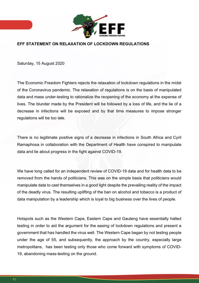 EFFSouthAfrica's tweet photo. EFF Statement on Relaxation of Lockdown Regulations https://t.co/ZnRrdTXxYz