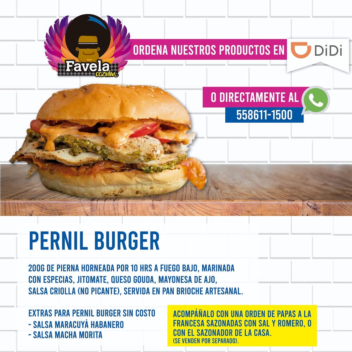 Prueba nuestro delicioso pernil Burger! 200 grs de pierna horneada a baja temperatura, marinada en nuestra mezcla especial de condimentos, servida en pan brioche doradito, mayonesa de ajo, doble queso, salsa criolla y jitomate. Haz tu pedido X WhatsApp 5586111500