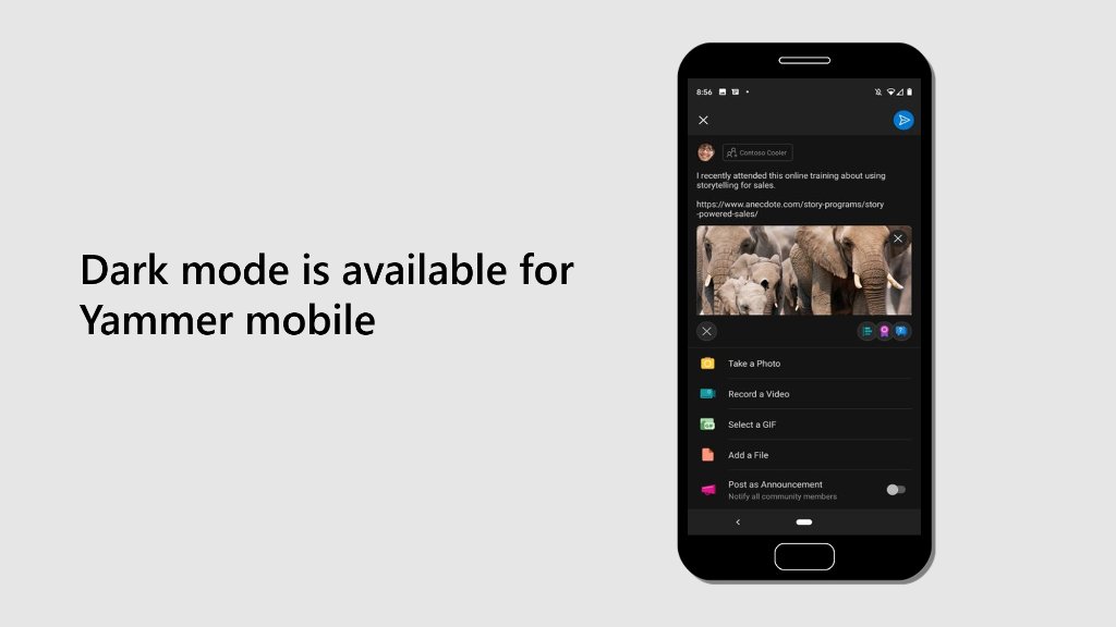 A graphic of the Yammer mobile app in dark mode.