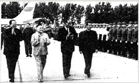 realtimeKR's tweet photo. In sharp contrast to a visiting high-level #Vietnamese delegation, #Camboida's Khieu Samphan (right) and Ieng Sary (left) are received like Heads of State by #China's Vice Premier Deng Xiaping (second from left) on their arrival in #Beijing. https://t.co/4Skk3hKM2U