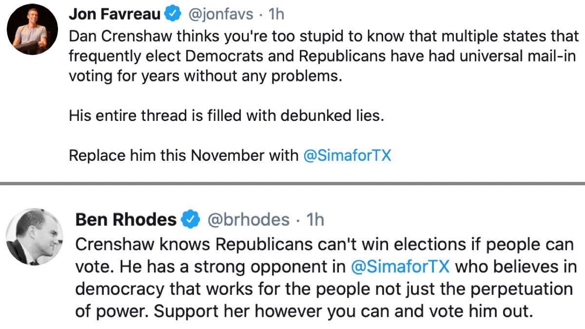 DanCrenshawTX's tweet photo. You know it’s a good day when a simple and factual tweet - based on reporting from NBC, Wash Post, and NPR - totally triggers the Obama alumni. 

Happy Saturday. https://t.co/Q0fzE0XYZu
