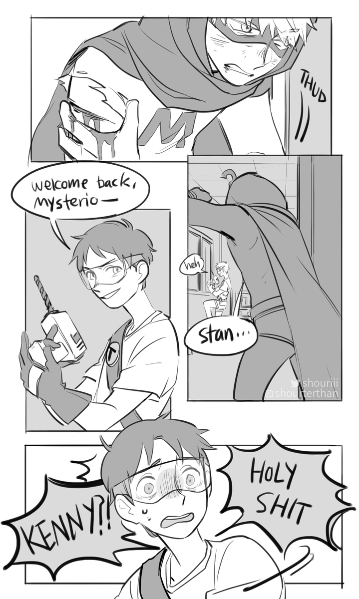 i have an overly detailed future au where stenny are dating so here's some excerpts

for the comic - kenny's still working as mysterion but for stan it's just something they used to play as kids.. and as they're dating now.. y'know, 