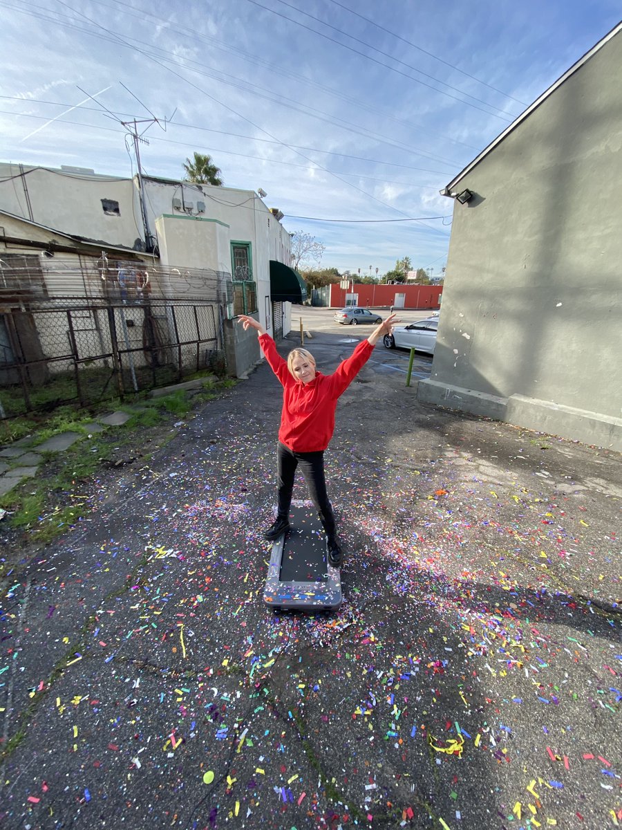 In the final shot we used a really long extension cord to bring the treadmill outside. We shot off confetti cannons to have some real-world interplay with the colorful sketches that would be added later 