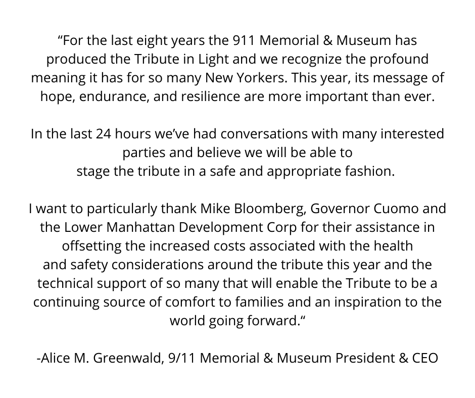 Sept11Memorial's tweet photo. With gratitude to our Chairman Michael Bloomberg and Gov. Andrew M. Cuomo we will be moving forward with Tribute in Light. https://t.co/gxEOvFK8vW