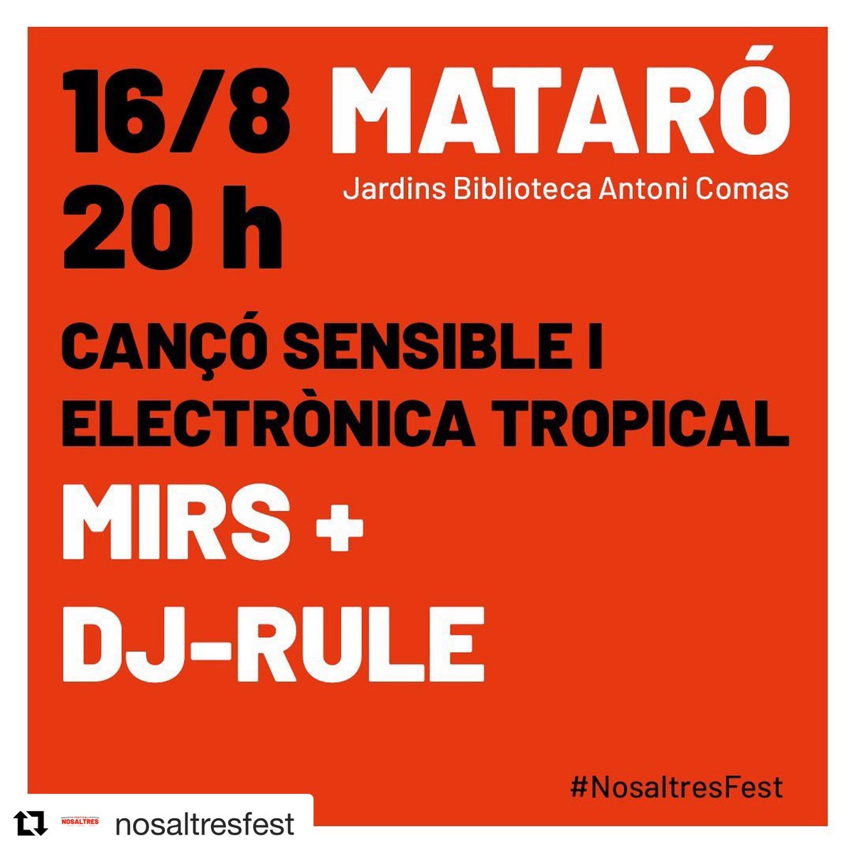TastDeCultura's tweet photo. Demà #nosaltresfest canvia de dia i de lloc.
Diumenge 16/08 a les 20 h. als Jardins de l’Escorxador, al costat de la #BibliotecaAntoniComas, actuaran #MIRS i #DJRULE amb un espectacle
de cançó sensible i ritmes electrònics tropicals.
#Música #CulturaSegura #MataróCultural https://t.co/5Sb9rJ99pX
