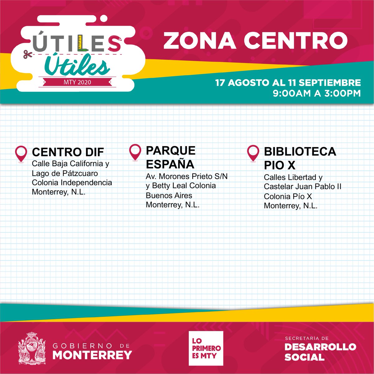 El programa #ÚtilesÚtiles2020 está dirigido a los alumnos que cursen los niveles de preescolar, primaria y secundaria en planteles educativos ubicados dentro de Monterrey.