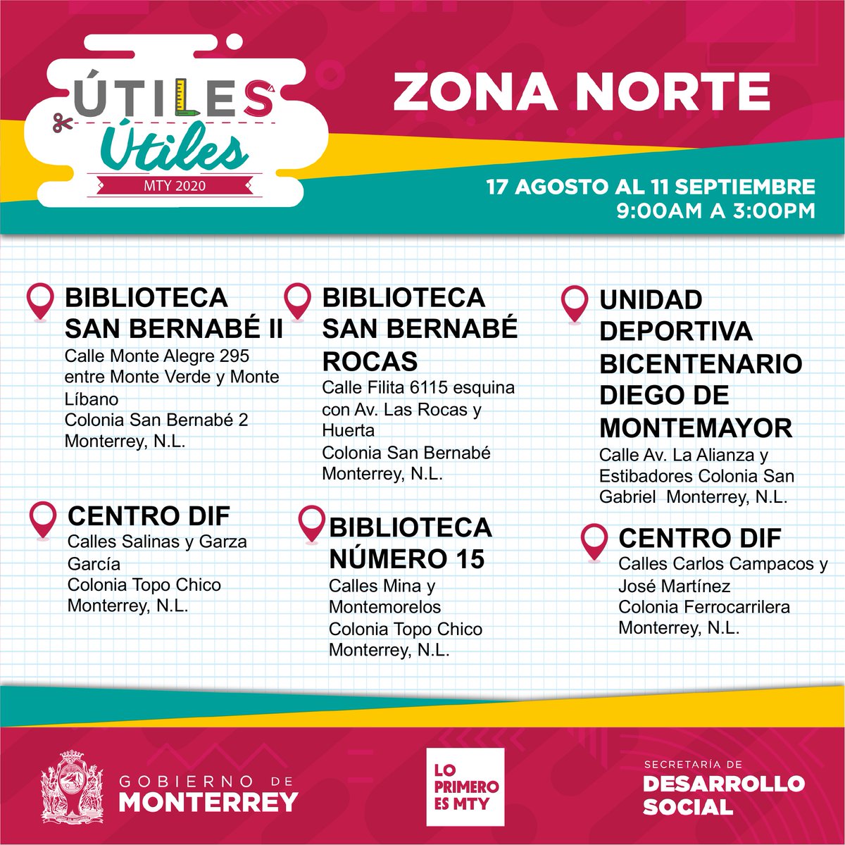 Localiza el punto de entrega más cercano a tu domicilio, las entregas se realizarán del 17 de agosto al 11 de septiembre en un horario de 9:00 a.m. a 3:00 p.m., recuerda seguir las medidas sanitarias correspondientes.