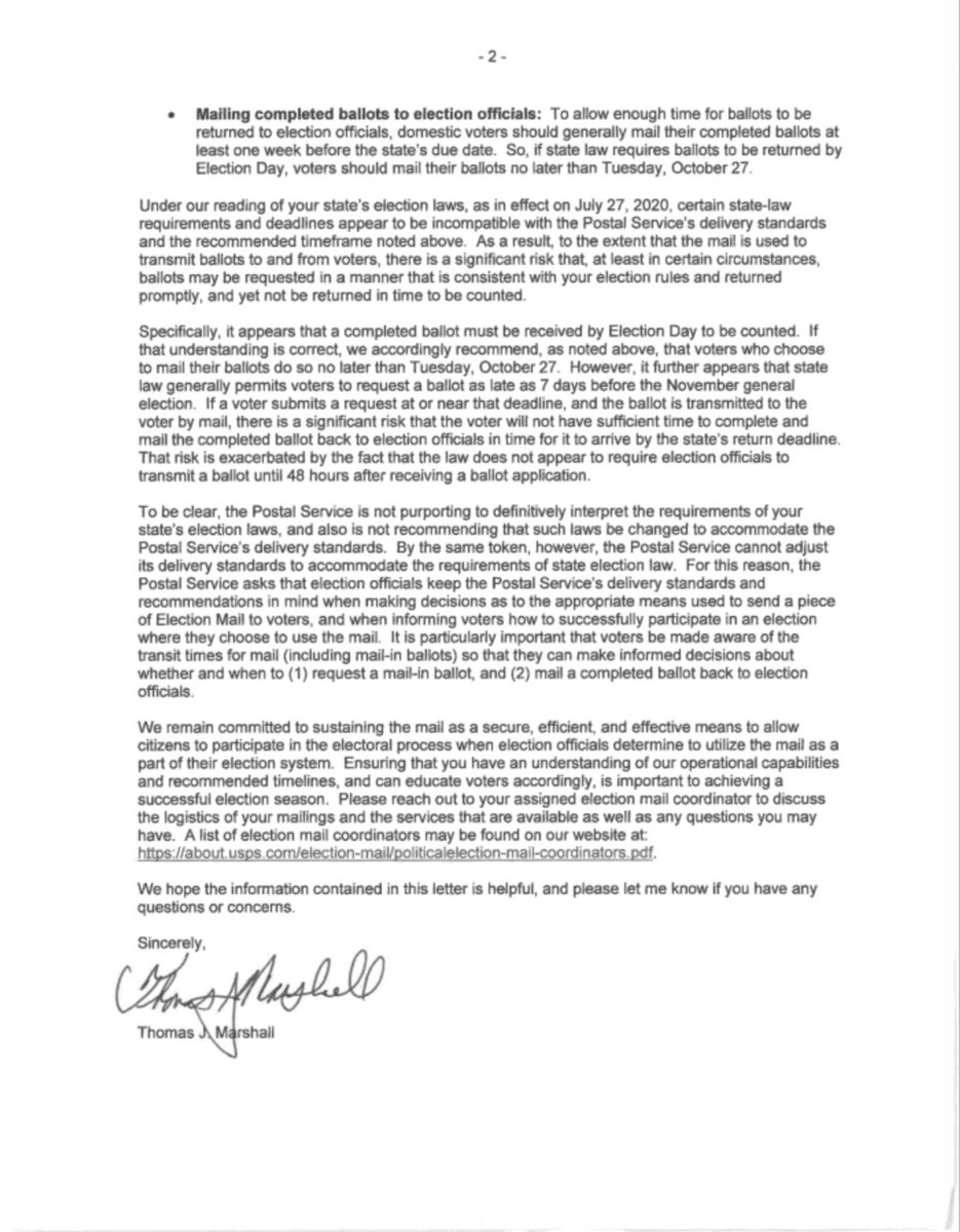 The  @USPS sent letters warning states about potential issues w/ absentee ballot deadlines. Some are using this to provoke fear of mail vote “sabotage.”Let’s take a breath. Read the letter. Here’s the one PA got.