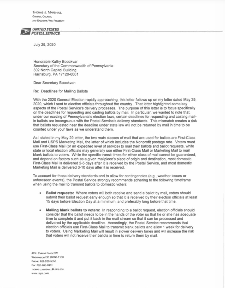 The  @USPS sent letters warning states about potential issues w/ absentee ballot deadlines. Some are using this to provoke fear of mail vote “sabotage.”Let’s take a breath. Read the letter. Here’s the one PA got.