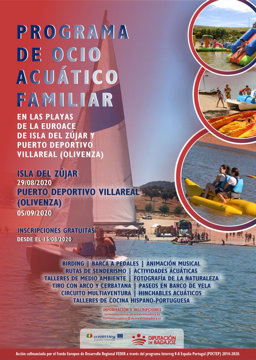 AlcorEx's tweet image. PROGRAMA DE OCIO ACUÁTICO FAMILIAR playas #Euroace 29/08 Isla del Zújar, 05/09 Olivenza 📌 Toda la información está disponible en: cutt.ly/id4Q9ye Inscripciones desdel 15 de agosto. #Globaltur #Euroace #Interreg #Poctep #DipBadajoz #TurismoProvinciaBadajoz @DipdeBadajoz