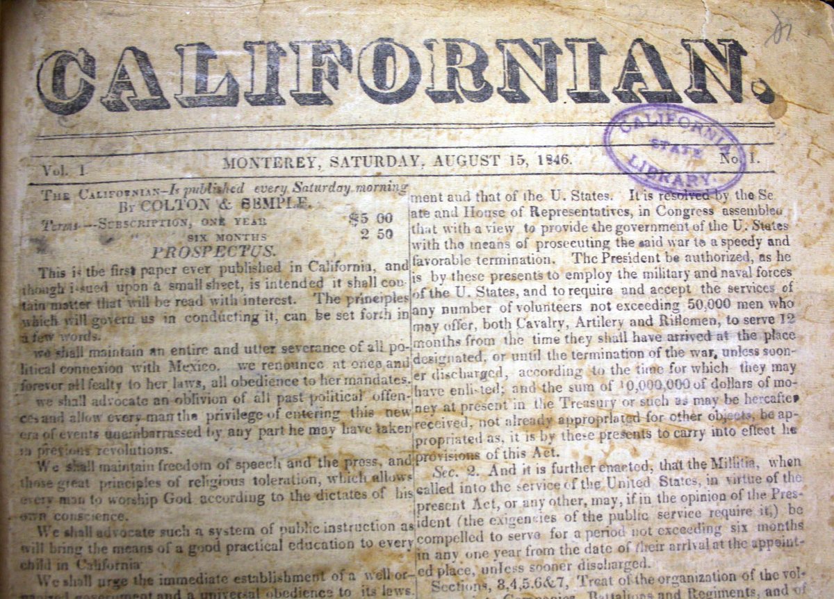 CSAC_Counties's tweet photo. On this date in 1846, The Californian, the first newspaper in Alta #California, debuted in #Monterey. The single-sheet publication was published in English on one side & Spanish on the other. The big news item in the first edition was the U.S. declaring war on Mexico. #CAHistory https://t.co/xMwVuVquNi