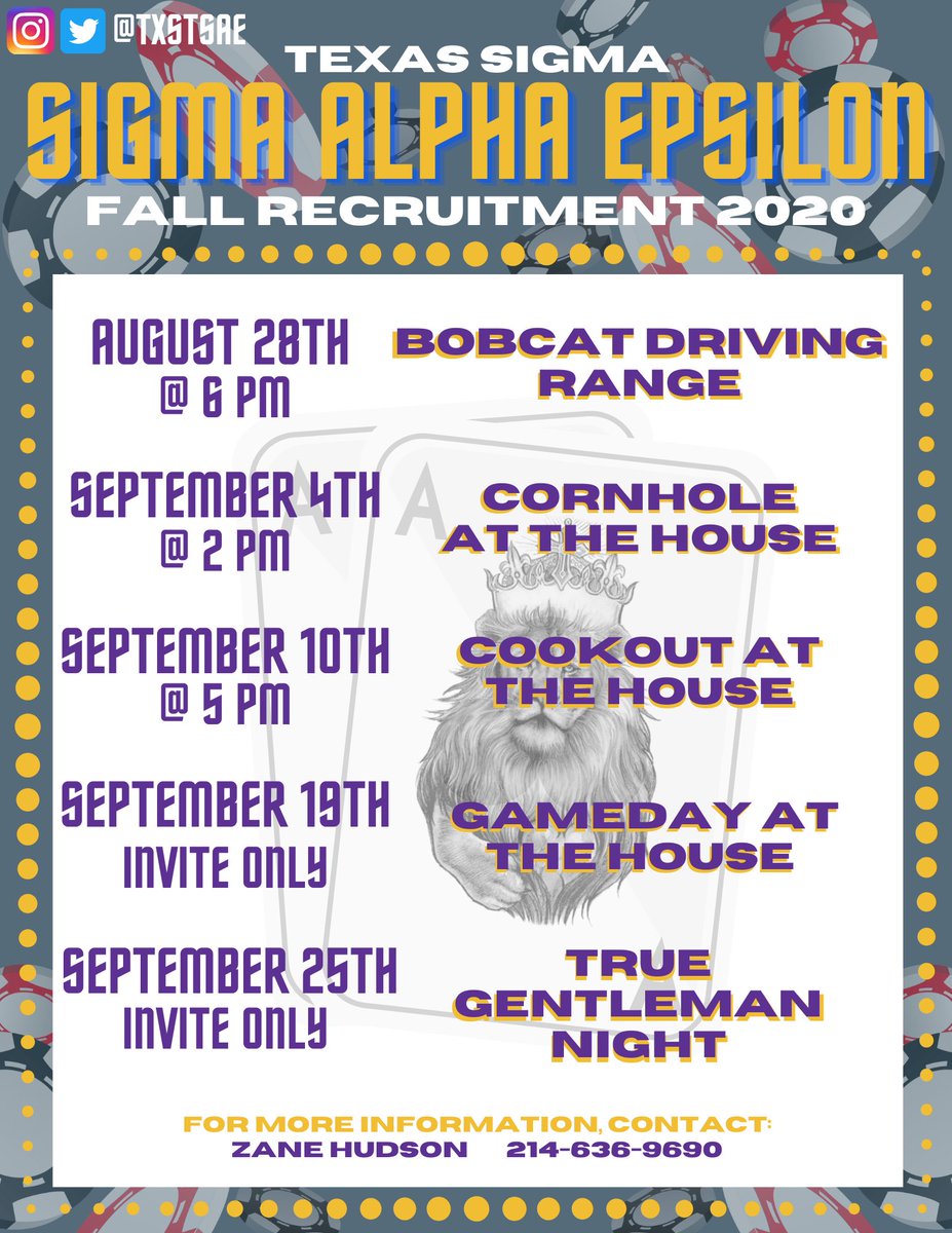 txstsae's tweet image. Our Fall 2020 Recruitment schedule is here! Contact our Recruitment Chair, @zanhudso for more information! #RushΣΑΕ #txst23 #txst24