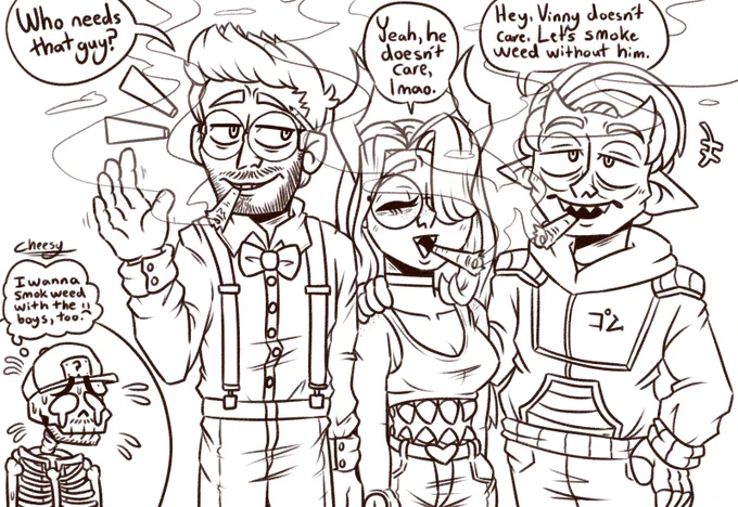 I liked the part where @DrumsyOfficial, @Giwi_, and @RubberNinja were chilling while @VinnyVinesauce was waiting behind the corner trying to surprise spook em' and then they all were just like "Who need Vinny lmao let's just smoke weed".

#vinesauce 