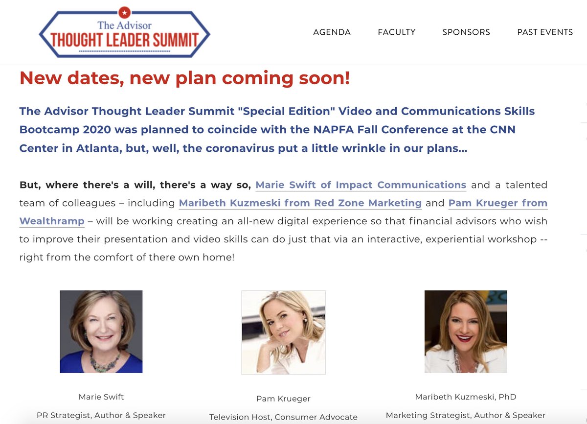 AdvisorLeader's tweet image. The @AdvisorLeader Video and Communications Skills Bootcamp ​2020 was planned to coincide with the @NAPFA Fall Conference but we are working on an all-new digital experience. Get notified! advisorthoughtleadersummit.com @PamkruegerTV @MBKuzmeski @socialadvisors_ @marieswift @MyriadAS