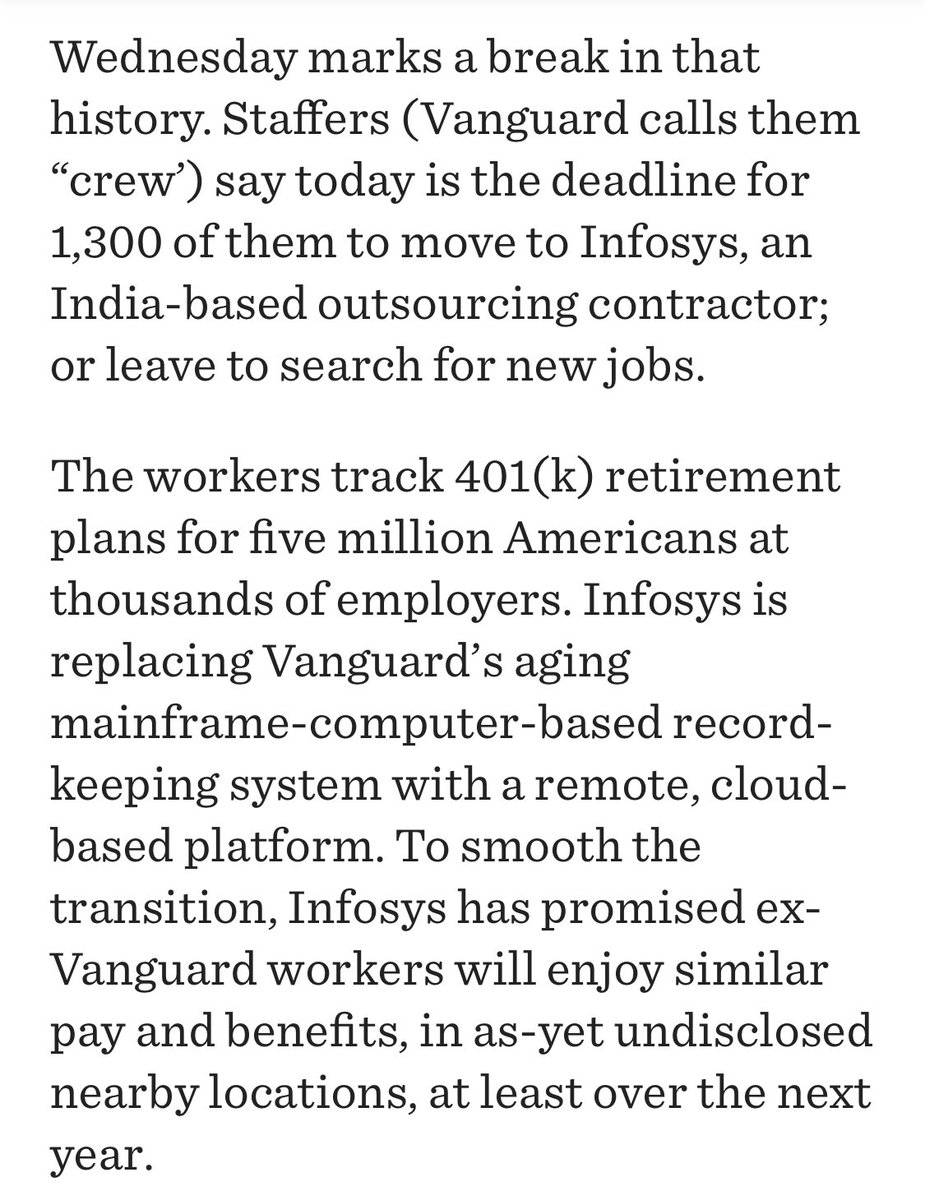 EricBalchunas's tweet photo. 1300 Vanguard workers are being asked to join India-based Infosys or leave co as a result of co’s huge move to the cloud. Good read on it from local guy ⁦@PhillyJoeD⁩ h/t ⁦@RyanPKirlin⁩ ⁦@mbarna6⁩ https://t.co/khIeaT7h3j https://t.co/5WeY7UuQ8o