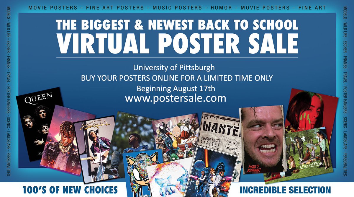 RSAPitt's tweet photo. The annual poster sale will be held virtually this year! They will be available to purchase starting August 17th @ https://t.co/Zzvh9igT9Z. You don’t have to live in a empty dorm all year, buy some posters to liven your room up! https://t.co/uRoDpJ42DH
