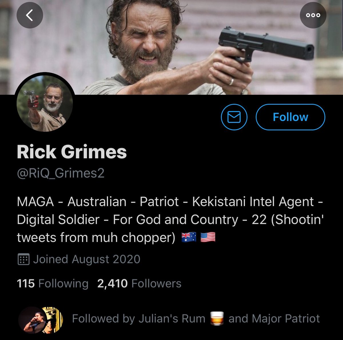 33. Rick Grimes got banned and is on a new ban evasion account. Shocking that a Walking Dead character would rise from the grave.