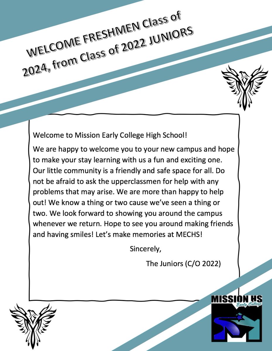 Dungan_MECHS's tweet photo. Class of 2022 wrote a welcome note for Class of 2024! True #PhoenixFamily spirit! We’re in this together! Thank you Christian, Mr. Mission ‘20, for making this. Grateful to sponsor a spirited &amp; caring group! #TeamSISD https://t.co/28tjFAEVky