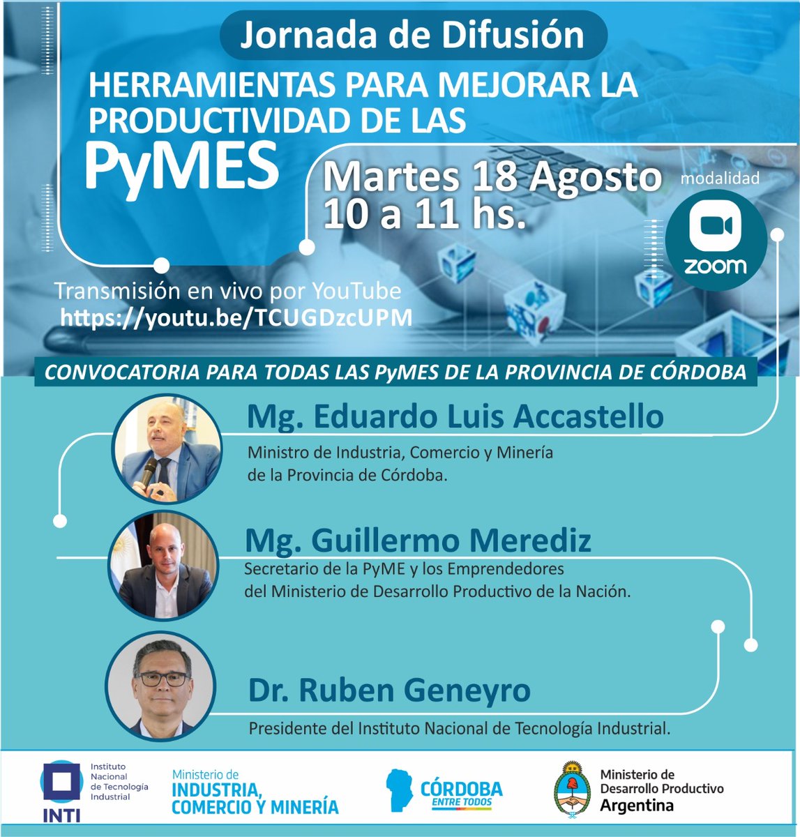 accastelloedu's tweet photo. Jornada de Difusión - Herramientas para mejorar la productividad de las PyMEs. Están invitadas todas las PyMes, que pueden sumarse aquí

Zoom 👉🏼https://t.co/pmVB39DLiC

YouTube 👉🏼 
https://t.co/YHwfb7ohQb

@guillemerediz @kulfasm @fernandosibilla @micymcordoba @comerciopymecba https://t.co/xQNJy7WL1t