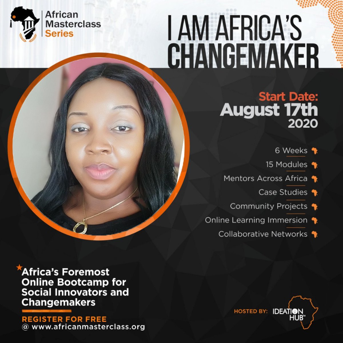 Everlovly's tweet photo. I am an African Change maker.
Join thousands of other non-profit professionals, entrepreneurs, social innovators &amp;change makers!

Mon, 17th Aug 2020 - 
Mon, 28th Sept 2020

Register on https://t.co/XBosEkNqre 
#AfricanMasterClassSeries  #AfricanChangemakers 
#SDGs2030
@SIRPNig https://t.co/Lf334qfi9J