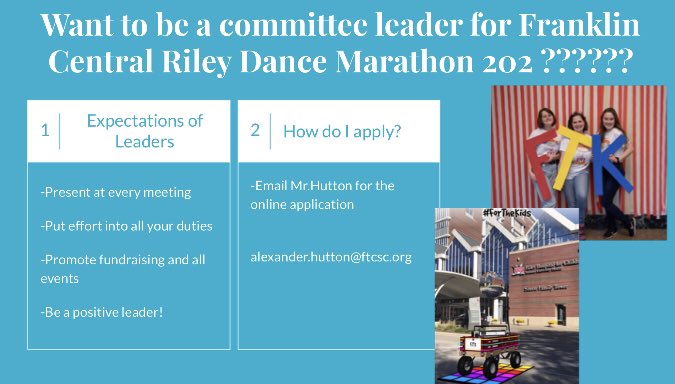 It’s that time again 🥳🥳🥳 If you would like to be a committee leader this year, we would love for you to apply!!! We can’t wait to meet you! Email Mr.Hutton and fill out the form ASAP!!! It’s for the kids❤️ #FTK