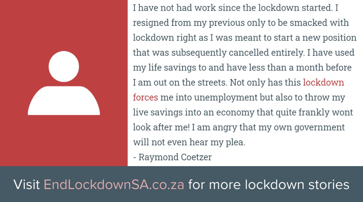 EndLockdownSA's tweet photo. "I have used my life savings... and have less than a month before I am out on the streets."

Read Raymond Coetzer's story on https://t.co/wRzmVecJ6b https://t.co/56uNyDi84X #EndLockdownSA #covid19 via @EndLockdownSA https://t.co/vAvW0hISO3