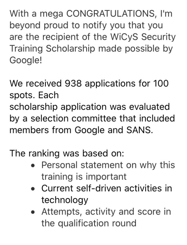 Rachel_Kortkamp's tweet photo. Just got an email from @lynn_dohm I am one out of 100 to receive a scholarship. I am so blessed to have this opportunity. Thank you @WiCySorg @google @SANSInstitute #StrongerTogether #womenintech https://t.co/d0pkdztnGa