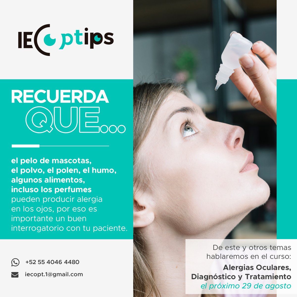 iecopt's tweet photo. Nuestro curso: Alergias oculares, diagnóstico y tratamiento se lleva a cabo el 29 de agosto https://t.co/jfSTPForZb