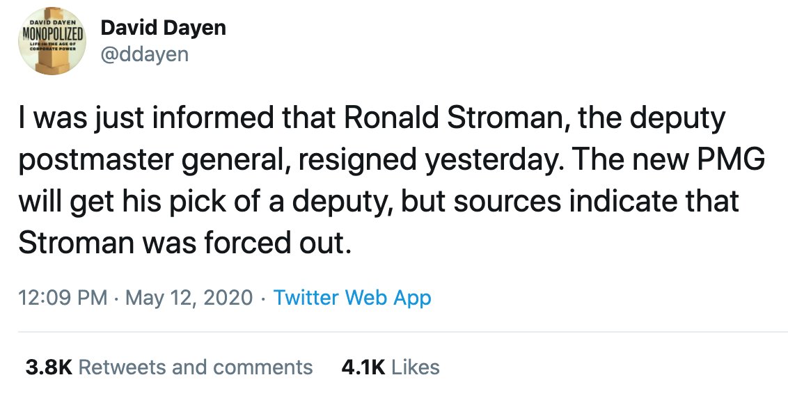 4/30/20 – Vice Chair of  @USPS Board of Governors resigns due to political pressure.5/6/20 – Duncan announces Trump megadonor Louis Dejoy as next Postmaster General5/11/20 – Deputy Postmaster General Ronald Stroman, in charge of mail-in voting, is forced out.