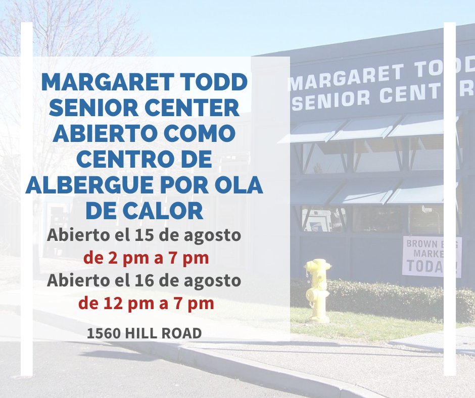 TweetNovato's tweet photo. A Cooling Center is open at the Margaret Todd Senior Center at 1560 Hill Road 8/15, 2- 7pm &amp; 8/16, 12-7pm. Masks required.

Margaret Todd Senior Center abierto como centro de albergue por ola de calor - 1560 Hill Road.
8/15, 2 - 7 pm
8/16, 12- 7 pm

More: https://t.co/cGdbE1tJTc https://t.co/YxUIfXHvKN