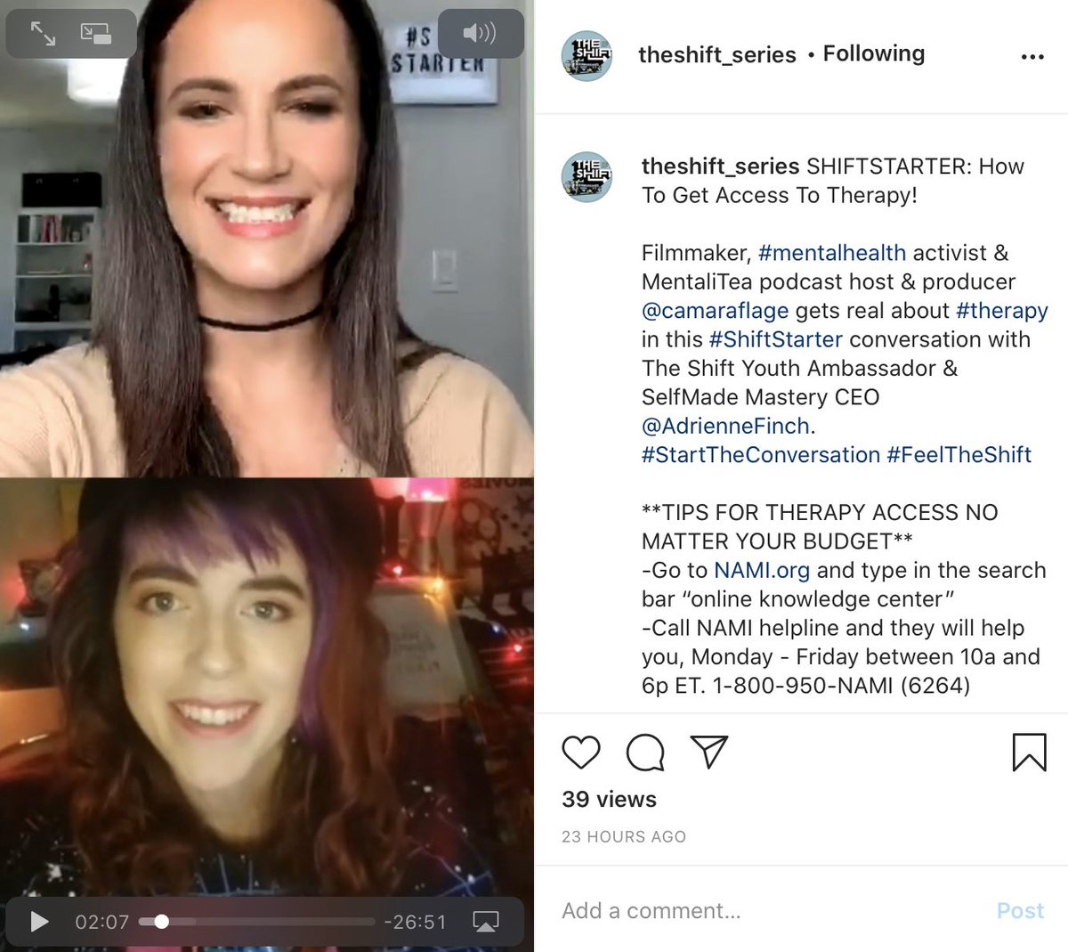 theshift_series's tweet photo. Filmmaker, #mentalhealth activist & MentaliTea podcast host Camara Rauen gets real about #therapy in this #ShiftStarter conversation with The Shift Youth Ambassador @AdrienneFinch.
https://t.co/OJchB8EiJT
#StartTheConversation #FeelTheShift https://t.co/1z57n0he6b