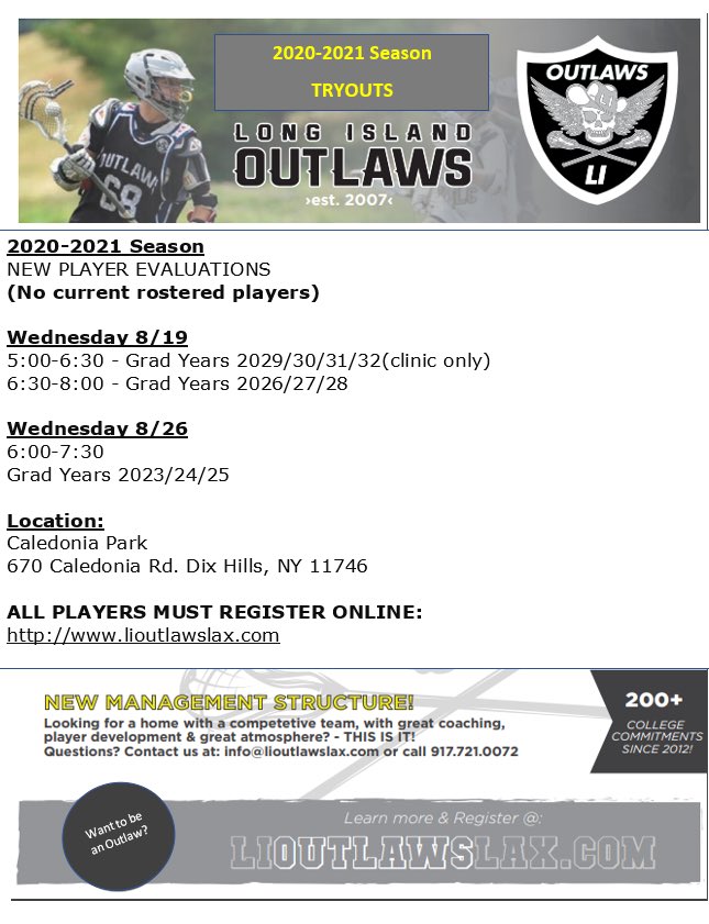 Want to be an Outlaw?
Tryouts this week!