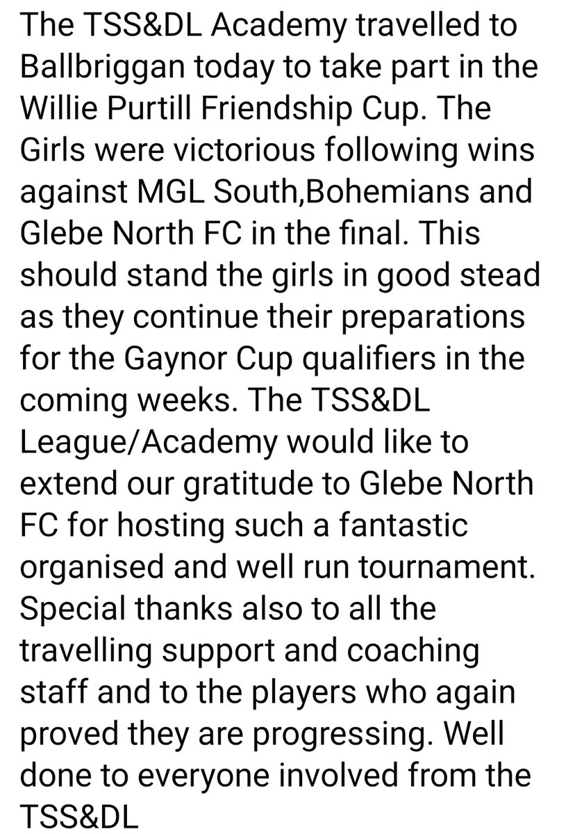 TSSDL1's tweet photo. 🏆🏆TSS&amp;DL Academy Update 🏆🏆

The TSS&amp;DL Academy travelled to Ballbriggan today to take part in the Willie Purtill Friendship Cup. The Girls were victorious following wins against MGL South,Bohemians and Glebe North FC in the final. Well done to everyone involved 🏆 https://t.co/iZuDgvISn8