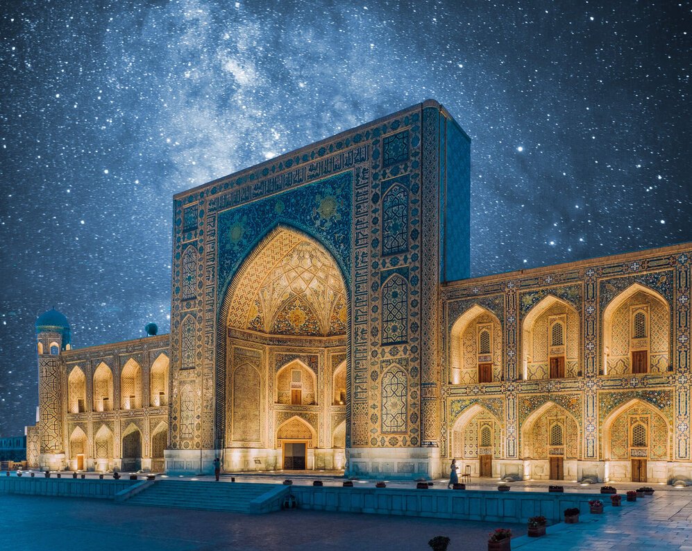 TURQUOISE: Hardly do we cross the border into Uzbekistan, and we’re already stunned by the brilliant light of Samarkand and Bukhara. These are cities that never died, and their vibrant colours proudly proclaim a noble and rich history.